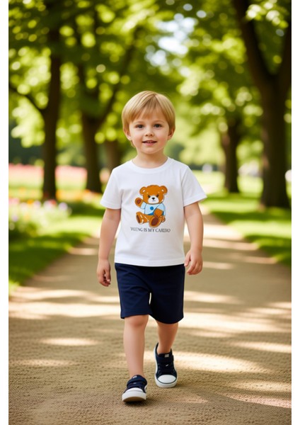 Erkek Bebek Pamuklu Ayıcık Baskılı Örme Kısa Kollu Takım Kaliteli Şık Rahat Günlük modelleri