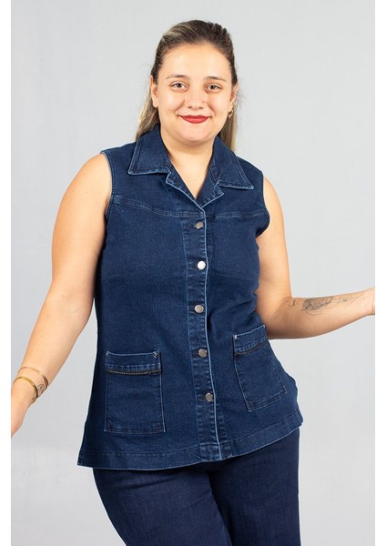 Büyük Beden Lacivert Kot Tunik Yelek – Şık ve Rahat Günlük Kombinler Için