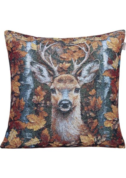 Belıeve Geyikli Yapraklı Jakarlı Dokuma Goblen Dekoratif Sonbahar Kırlent 45*45