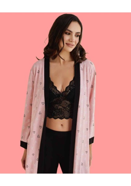 Kadın 3 Parça Dantel Detaylı Büstiyer & Sabahlık & Pijama Altı Takım D1.01.LL.02.007
