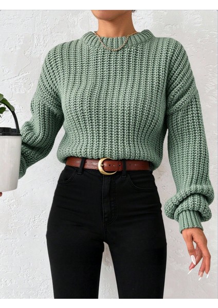 Kadın Kalın Örgü Balon Kol Triko Kazak