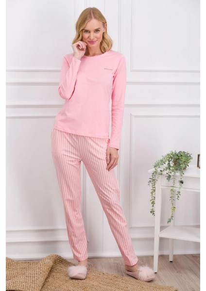 Kadın Ev Giyim Pembe Çizgili Alt & Üst Iki Parça Pijama Takımı L1.PC.004.102.K19