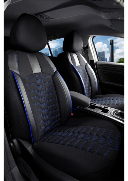 Volvo XC70 Deri Detaylı Oto Koltuk Kılıfı Ön Arka Takım Platinium Seri Siyah Mavi Scr