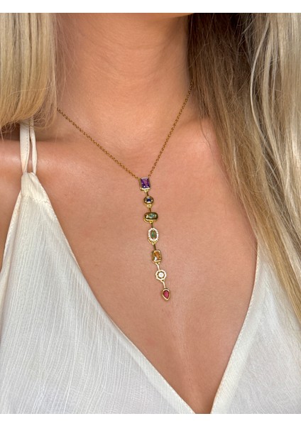 316L Çelik 7 Element Y Kolye Renkli Taşlı Kadın Kolye Silver