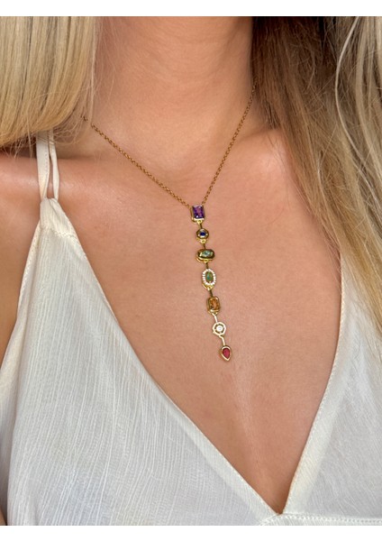 316L Çelik 7 Element Y Kolye Renkli Taşlı Kadın Kolye Silver modelleri
