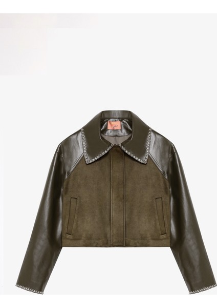 Deri Garnili Kısa Süet Ceket Haki