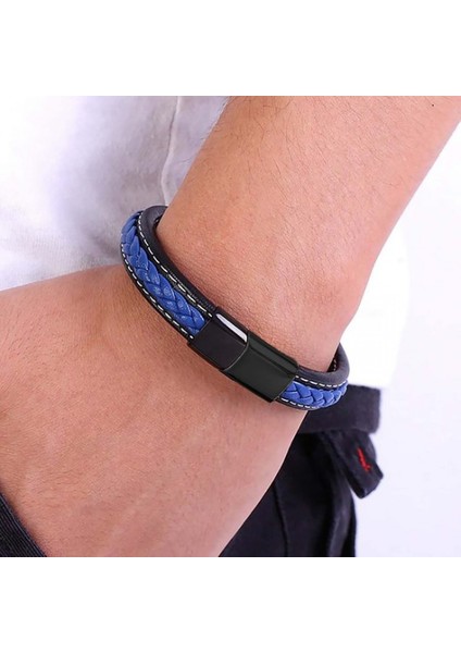 Lacivert & Siyah Saç Örgülü Deri ve Çelik Bileklik 9593B8D11 fiyatları
