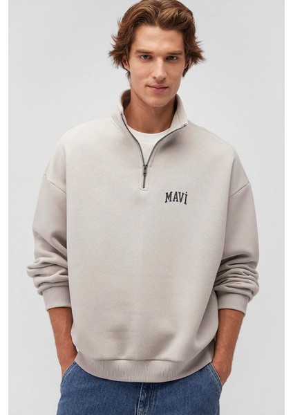 Erkek Logo Baskılı Yarı Fermuarlı Sweatshirt M0S10208 Açık Gri