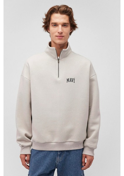 Erkek Logo Baskılı Yarı Fermuarlı Sweatshirt M0S10208 Açık Gri modelleri