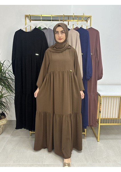 Iki Kat Büzgülü Elbise ve Şallı Takım .hijap ,abaya (Hac ve Umre Için Uygundur) Kahve