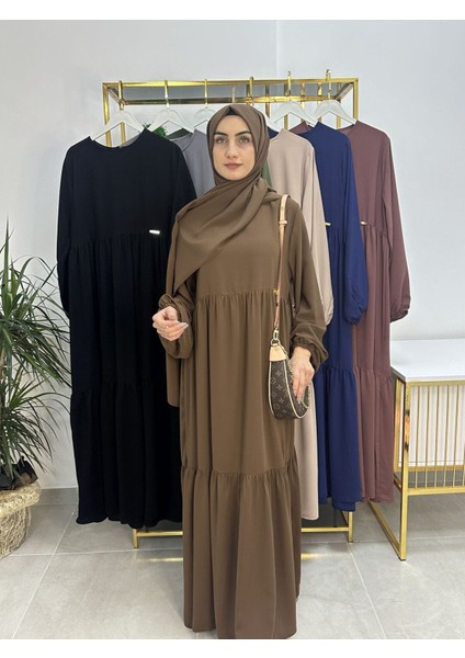 Iki Kat Büzgülü Elbise ve Şallı Takım .hijap ,abaya (Hac ve Umre Için Uygundur) Kahve modelleri