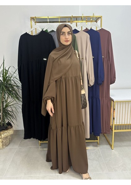 Iki Kat Büzgülü Elbise ve Şallı Takım .hijap ,abaya (Hac ve Umre Için Uygundur) Kahve indirimleri
