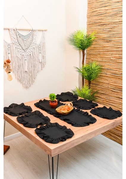 Rufle | Siyah 7 Parça Fırfırlı Sofra Sunum Seti 40 x 110