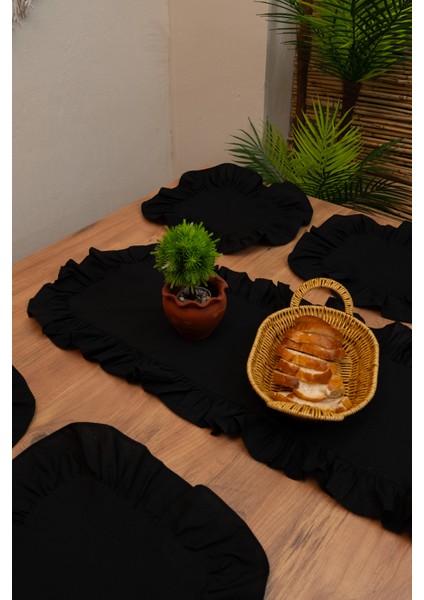 Rufle | Siyah 7 Parça Fırfırlı Sofra Sunum Seti 40 x 110