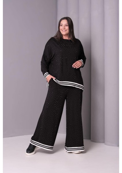 Kadın Büyük Beden Siyah, Taş Işli, Geniş Paça, Ribana Detaylı Eşofman Takım 65N39183