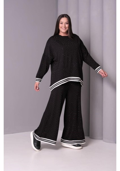 Kadın Büyük Beden Siyah, Taş Işli, Geniş Paça, Ribana Detaylı Eşofman Takım 65N39183 fiyatları