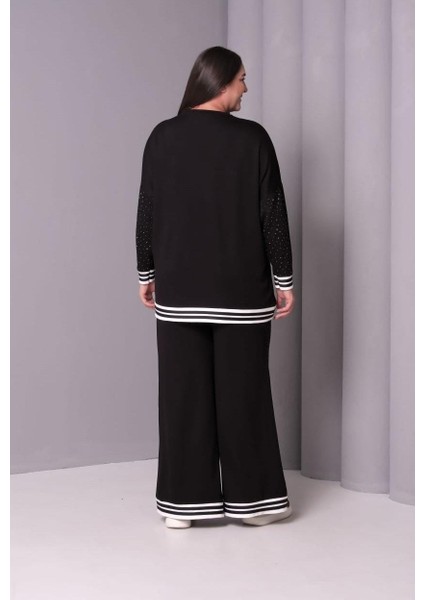 Kadın Büyük Beden Siyah, Taş Işli, Geniş Paça, Ribana Detaylı Eşofman Takım 65N39183 modelleri