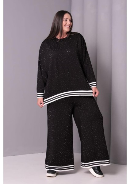 Kadın Büyük Beden Siyah, Taş Işli, Geniş Paça, Ribana Detaylı Eşofman Takım 65N39183 fırsatları