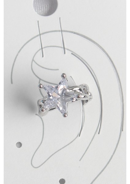 Pirinç Gümüş Renk Zirkon Taşlı Yıldız Model Kadın Kıkırdak Küpe - TJ-BKP10558