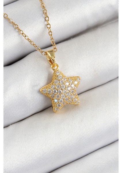 316L Çelik Zirkon Taşlı Yıldız Model Gold Renk Kadın Kolye - TJ-BKO10351