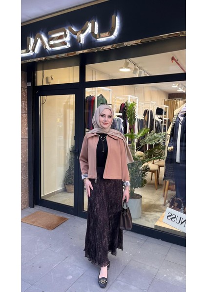 1504 Leopar Kırıştırma Etek Kahve