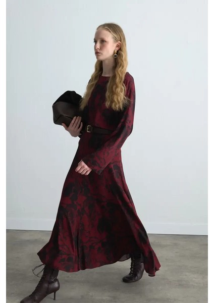 Anka Koleksiyonu Volanlı Uzun Viskon Etek - Bordo