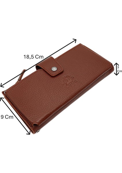 Hakiki Deri El ve Omuz Askılı El Bandlı ve Telefon Bölmeli Kadın Cüzdanı - Taba