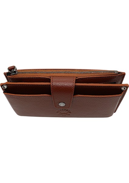Hakiki Deri El ve Omuz Askılı El Bandlı ve Telefon Bölmeli Kadın Cüzdanı - Taba indirimleri