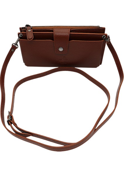 Hakiki Deri El ve Omuz Askılı El Bandlı ve Telefon Bölmeli Kadın Cüzdanı - Taba