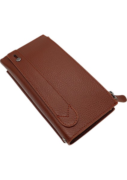 Hakiki Deri El ve Omuz Askılı El Bandlı ve Telefon Bölmeli Kadın Cüzdanı - Taba