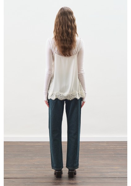 Dantel Şeritli Askılı Bluz Ekru