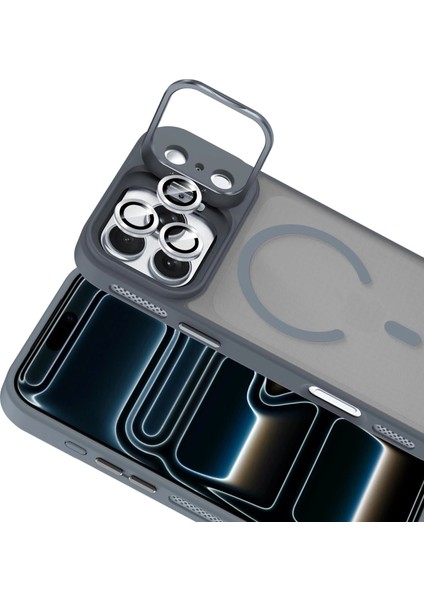 Apple iPhone 17 Pro Lens Hediyeli Kapak Kamera Korumalı Wireless Şarj Özellikli Standlı Premium Kılıf - Titanyum Gri modelleri