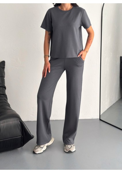 Kadın Modal Kumaş Bisiklet Yaka Tshirt Eşofman Takımı