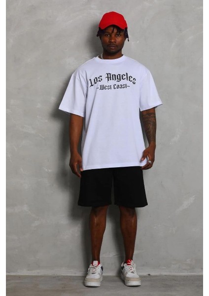 Unisex Oversize Baskılı Bisiklet Yaka T-Shirt - Beyaz modelleri