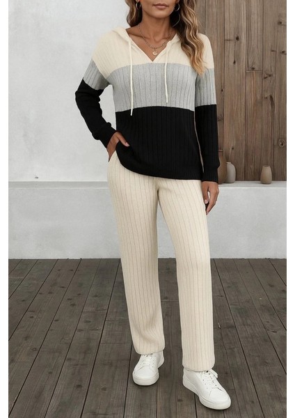Mdb Kadın Uzun Kollu Kapşonlu Bağcıklı Blok Renkli Şardonlu Kaşkorse Bluz ve Pantolon Ikili Takım modelleri