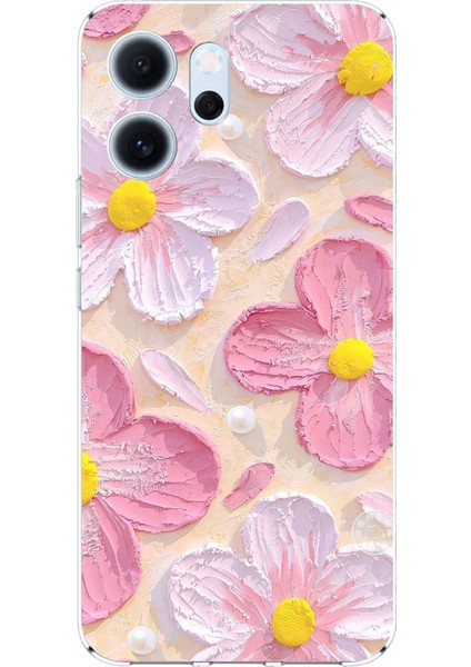 Oppo Reno 14F Uyumlu Pembe Beyaz Çiçekler Sulu Boya Baskılı Silikon Kılıf