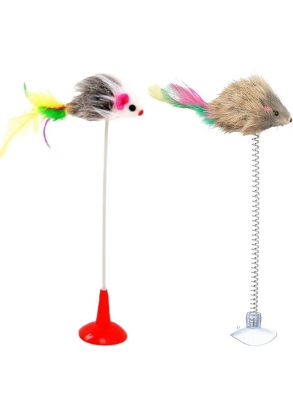 2&apos;li Vantuzlu Fareli Tüylü Hareketli Çanlı ve Esneyen Eğlenceli Peluş Kedi Oyuncağı (5067)