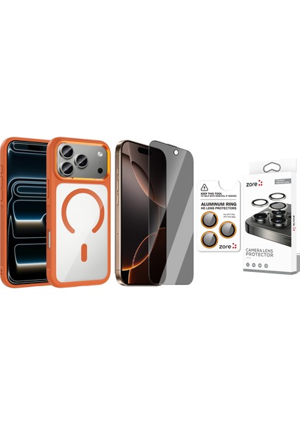 iPhone 17 Pro Max Kılıf M-Safe Şarj Özellikli Metal Kamera Çerçeveli Zore Tiko Kapak + Safir Kamera Lens + Hayalet Ekran Koruyucu