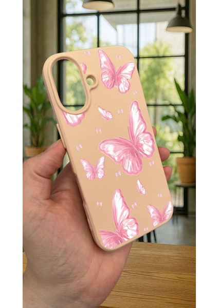 iPhone 16 - Pembe Kelebek Desenli Silikon Darbe Emici Klasik Korumalı Rubber Kılıf modelleri