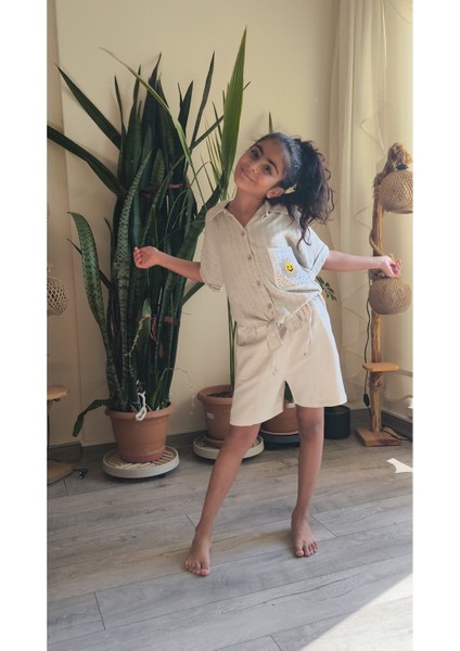 Kız Çocuk Keten Şort Bej