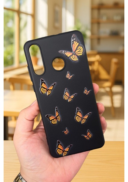 Huawei P20 Lite Uyumlu Turuncu Kelebek Desenli Silikon Darbe Emici Klasik Korumalı Rubber Kılıf