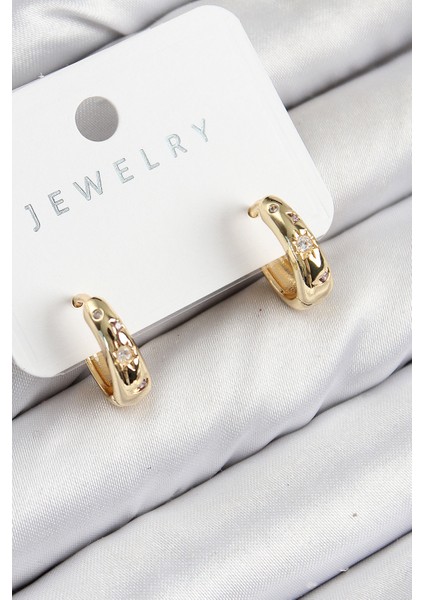 Pirinç Zirkon Taşlı Halka Model Gold Renk Kadın Küpe - Lisinya