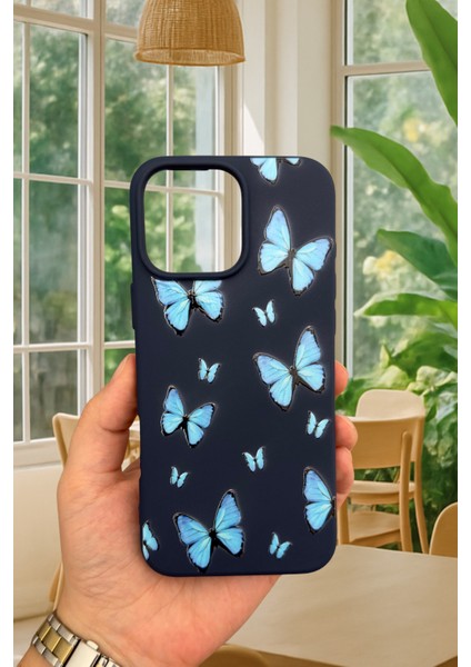 iPhone 14 Plus / 15 Plus - Mavi Kelebek Desenli Silikon Darbe Emici Klasik Korumalı Rubber Kılıf fiyatları