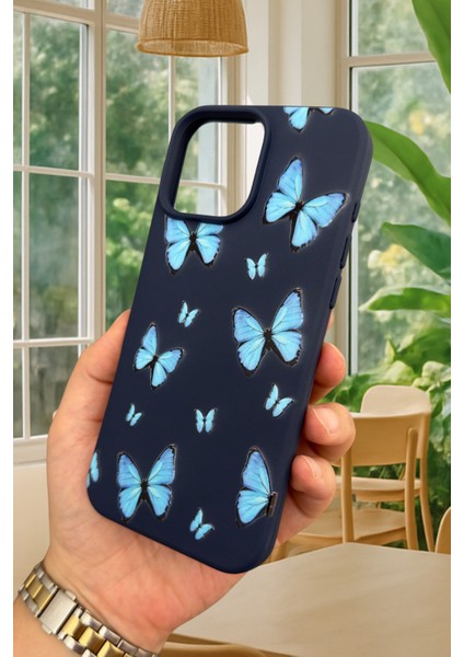 iPhone 14 Plus / 15 Plus - Mavi Kelebek Desenli Silikon Darbe Emici Klasik Korumalı Rubber Kılıf modelleri