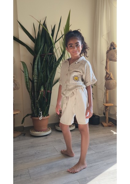 Kız Çocuk Keten Şort Bej