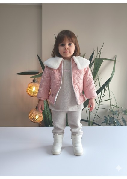 Kız Bebek Montlu Üçlü Takım (Sweatshirt+ Kürklü Yaka Mont +Pantolon)