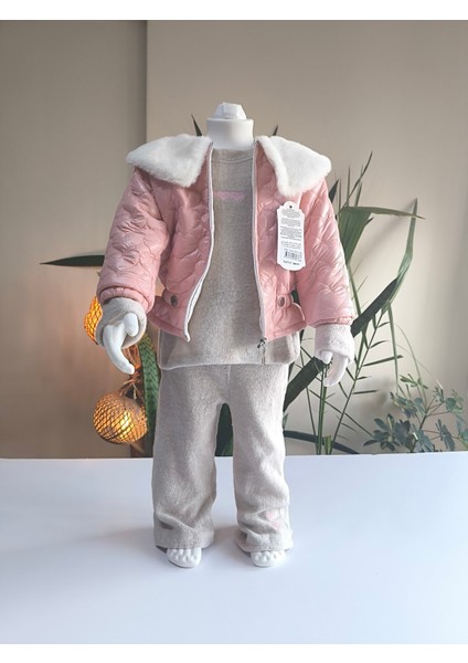 Kız Bebek Montlu Üçlü Takım (Sweatshirt+ Kürklü Yaka Mont +Pantolon) fiyatları