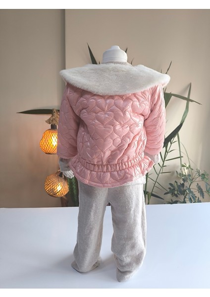 Kız Bebek Montlu Üçlü Takım (Sweatshirt+ Kürklü Yaka Mont +Pantolon) indirimleri