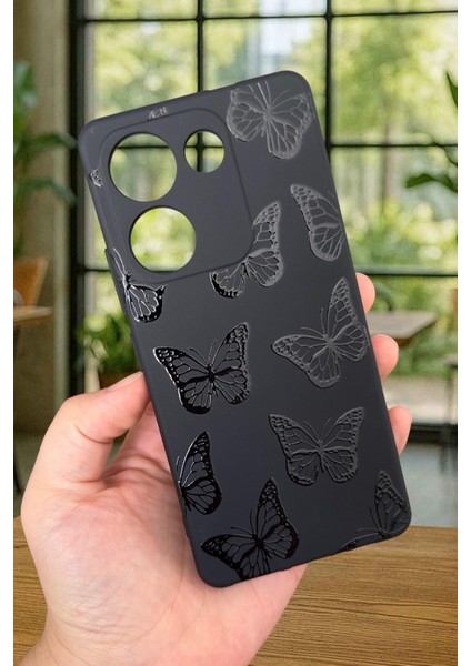 Tecno Camon 20 Pro Uyumlu Siyah Kelebek Desenli Silikon Darbe Emici Klasik Korumalı Rubber Kılıf