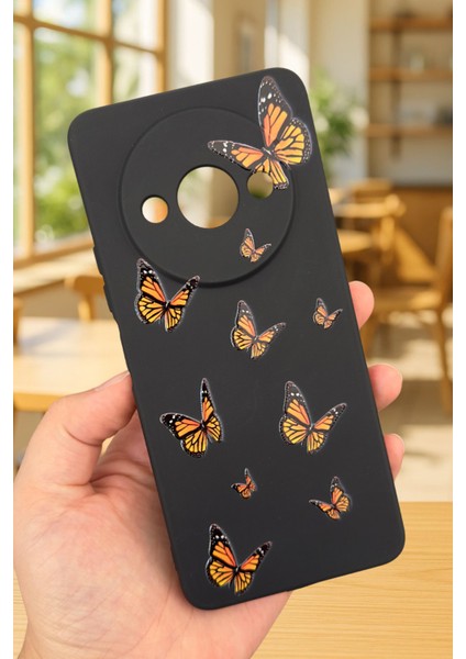 Xiaomi Redmi A3 Uyumlu Turuncu Kelebek Desenli Silikon Darbe Emici Klasik Korumalı Rubber Kılıf